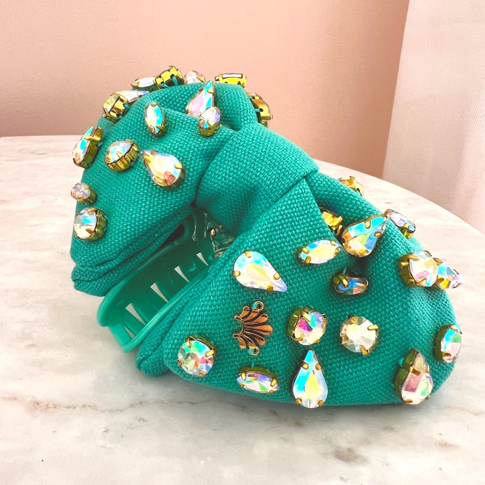 Lele Sadoughi Teal Simone Jeweled Hair Bow Clip